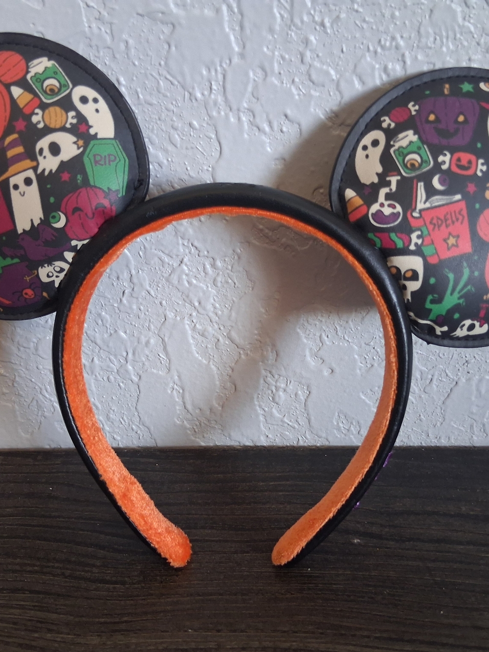 Disney Parks Halloween Ears Headband Faux Leather Boo Pumpkin Ghost Spells